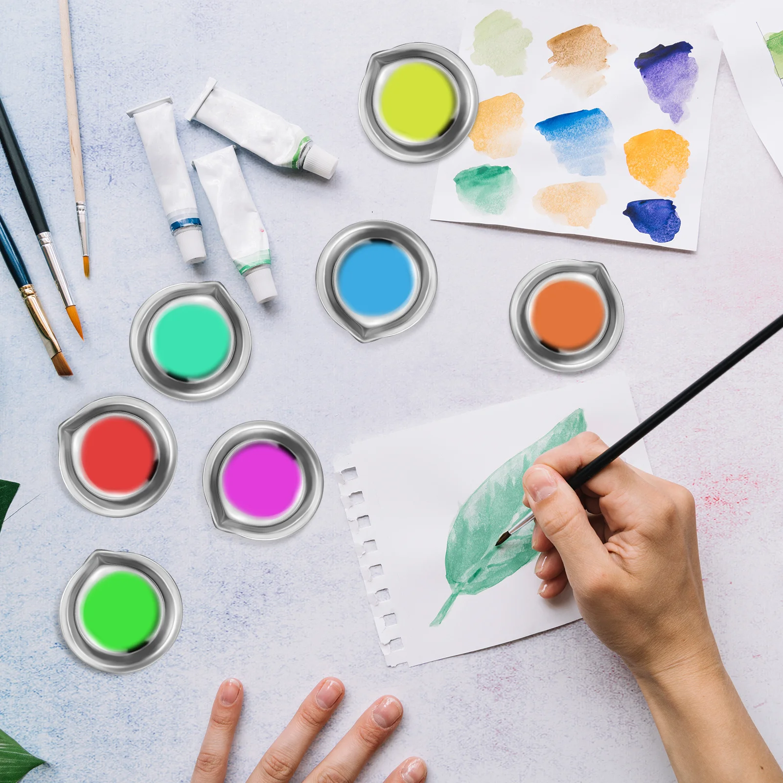 

18Pcs Compact Stainless Steel Paint Mixing Palette Watercolor Small Round Trays Precision Pouring Durable Lightweight