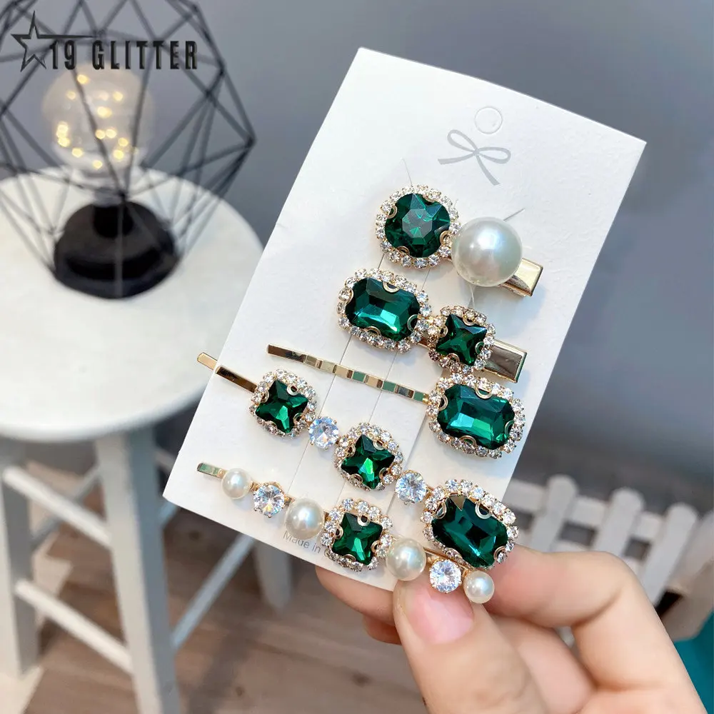 Fermagli per capelli da donna Set gioielli moda accessori per capelli in cristallo verde simulazione di lusso perla Barrette Pin per ornamenti