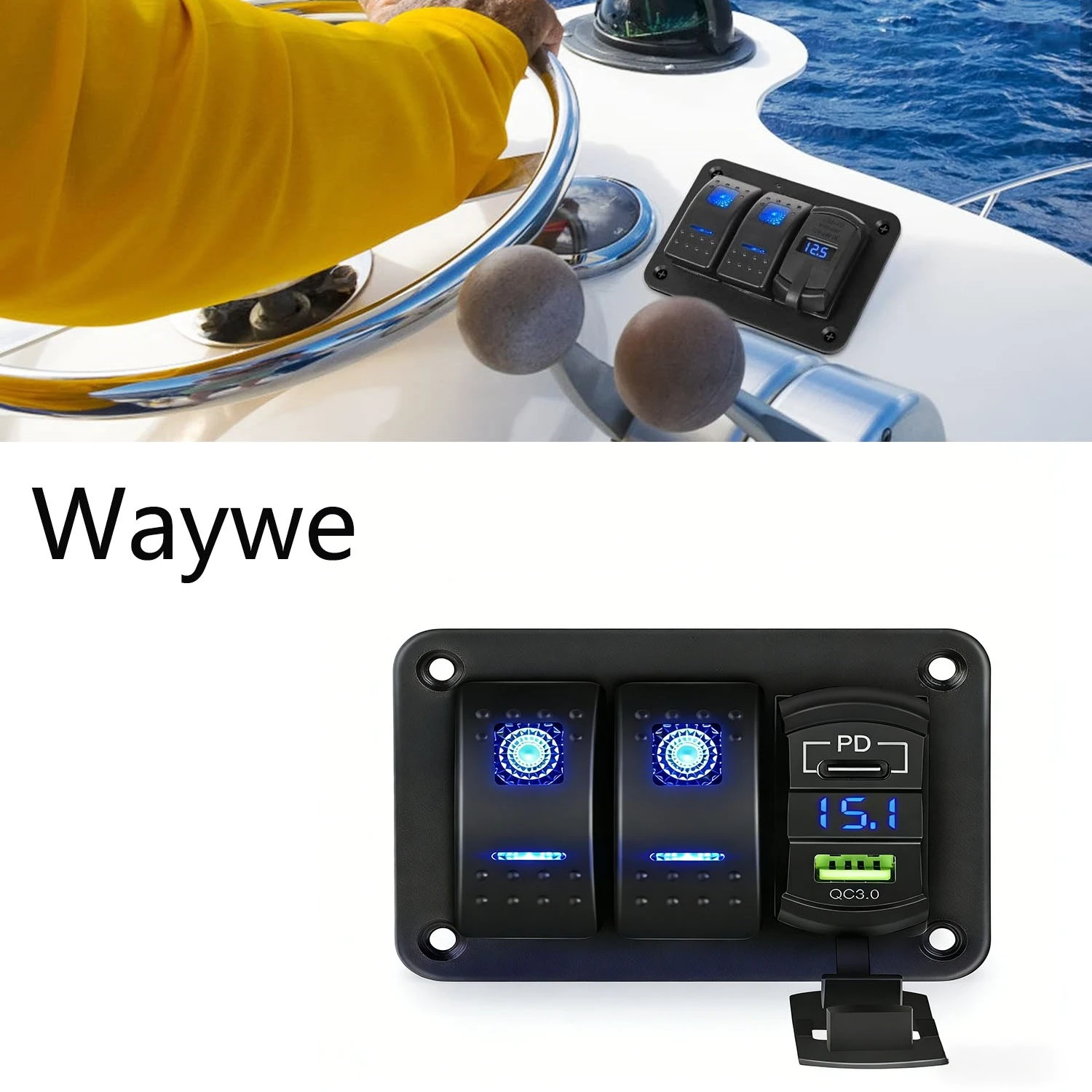 Waywe 2 Gang Rocker Switch Panel Blue Backlit PD Type C USB Voltmeter Waterproof 12V 24V for Car Trucks Boats RVs