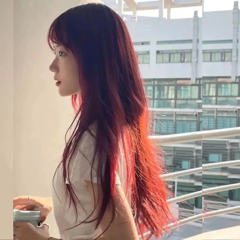 

Synthetic Red Full Wig for Women, Long Straight Hair with Even Bangs, Natural Summer Headpiece for Ladies