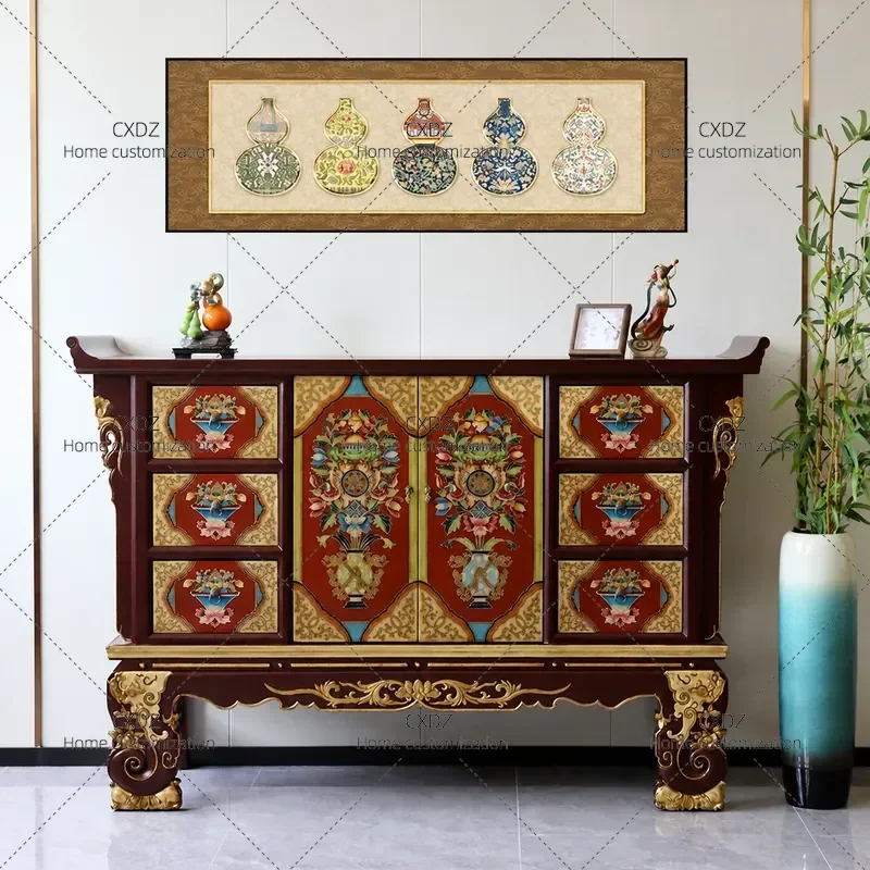 Tibetan Painted Solid Wood Table Classic Eight Treasures Entrance Console Tantra Buddhist Hall Display Desk Xizang Aesthetic