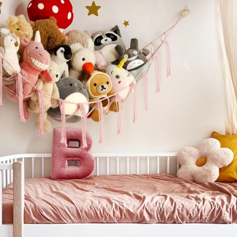 Boho Stuffed Animals Net Hammock Large Toy Macrame Wall Hanging Storage Corner Hanging Net Holder for Bedroom Nursery Decor GIft