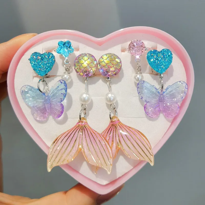 Kids Clip Earrings Set Mermaid Princess Non-Piercing Ear Cuffs + Rings Hypoallergenic Gift for Girls