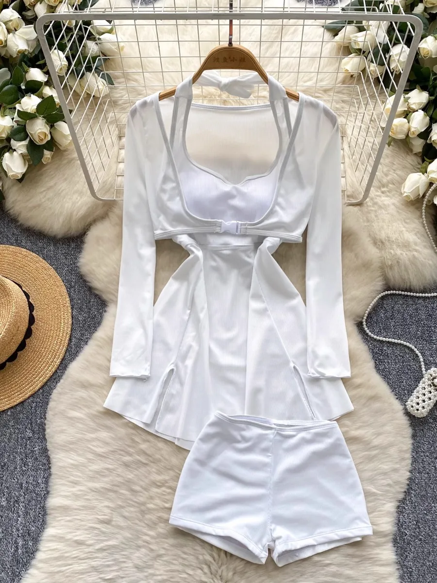 

Foamlina American Ins Women's Spice Halter Waist Suspender Skirt Leggings Buckle Long Sleeve Short Blouse +Shorts 3 Piece Set