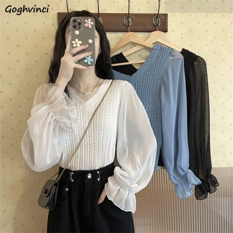 Flare Sleeve Pullovers Women Chic Patchwork Office Ladies Popular Autumn Temperament V-neck Knitwear Clothes Korean Style Gentle