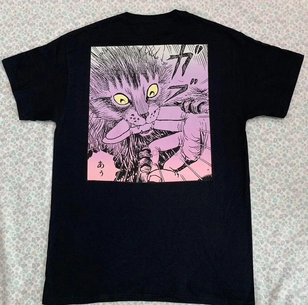 2024 Hot Topic Junji Ito&aposs Ito Cat Diary Yon & Mu Anime Bite Black T Shirt New Arrival  Crewneck   COTTON Cartoon