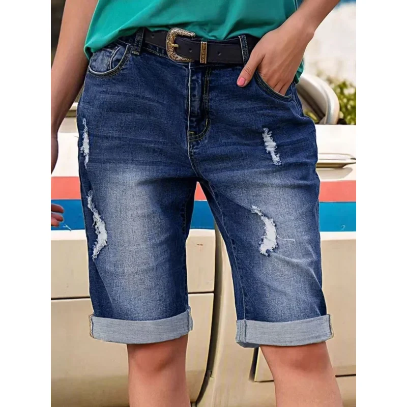 

Vintage Washed Denim Cropped Pants for Ladies Casual Versatile Style Distressed Details Design High Waist Straight Leg