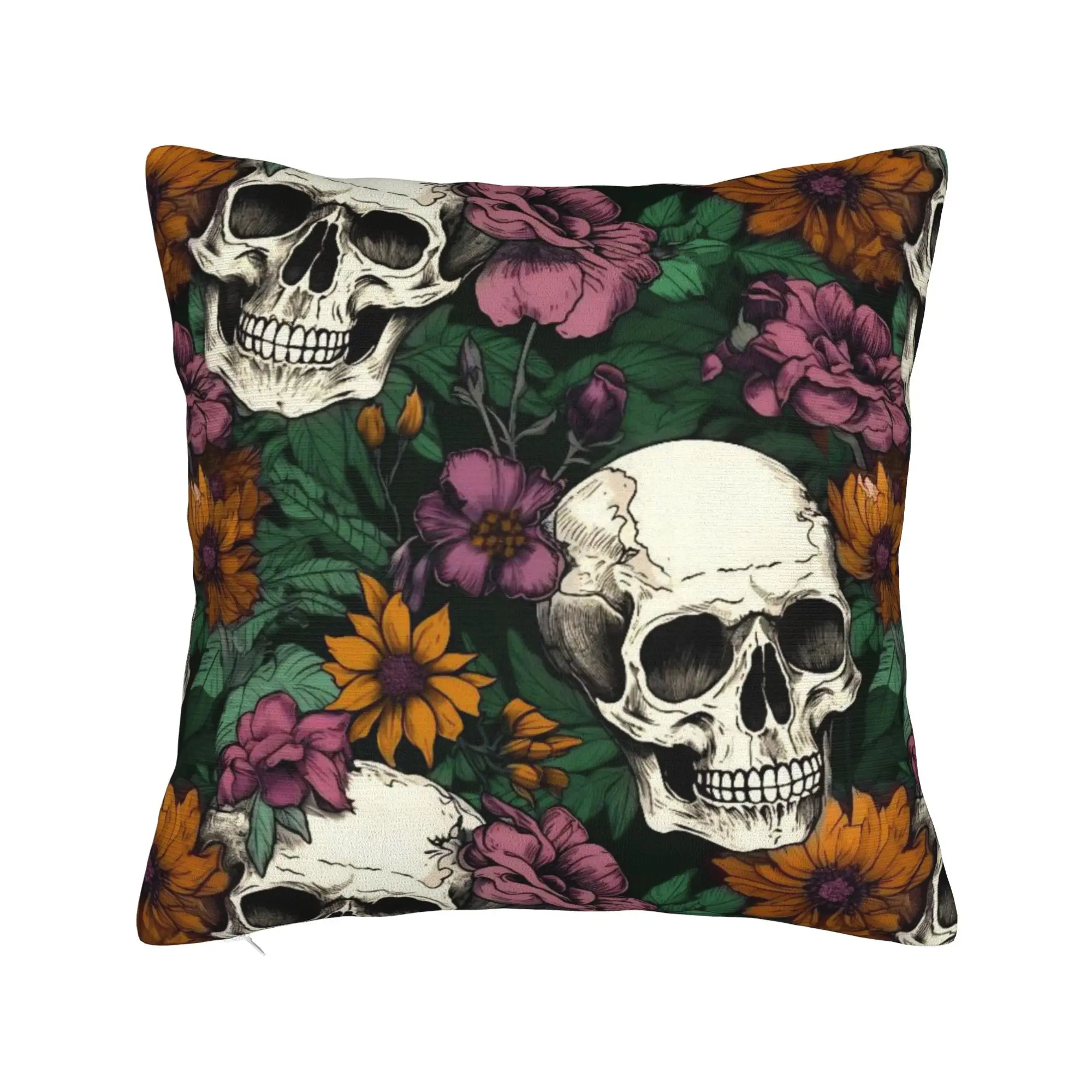 Decorative Pillowcase Halloween Skulls And Flowers Gothic Goth Merch Home  Throw Pillow Case Cover Zipper Multiple Sizes