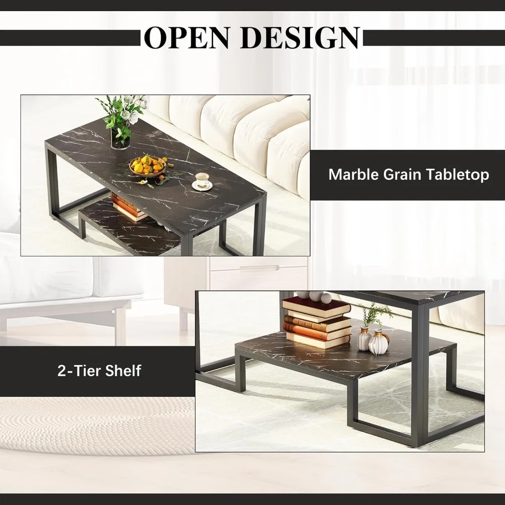 Mesa de centro retangular moderna em mármore falso com 2 camadas e estrutura de metal resistente para sala de estar