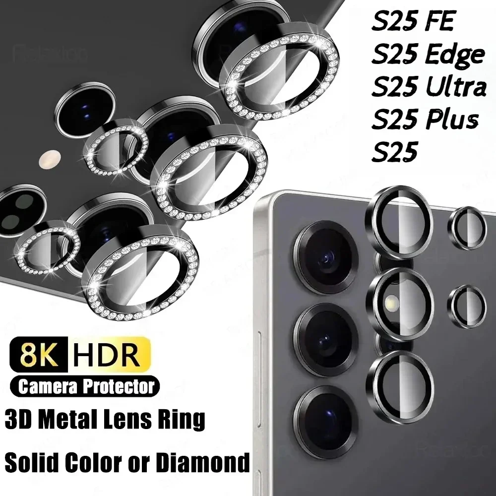 1 مجموعة HD لامعة الماس حلقة معدنية عدسة الكاميرا فيلم لسامسونج غالاكسي S25 S24 S23 FE حافة الترا زائد المضادة للخدش حامي غطاء