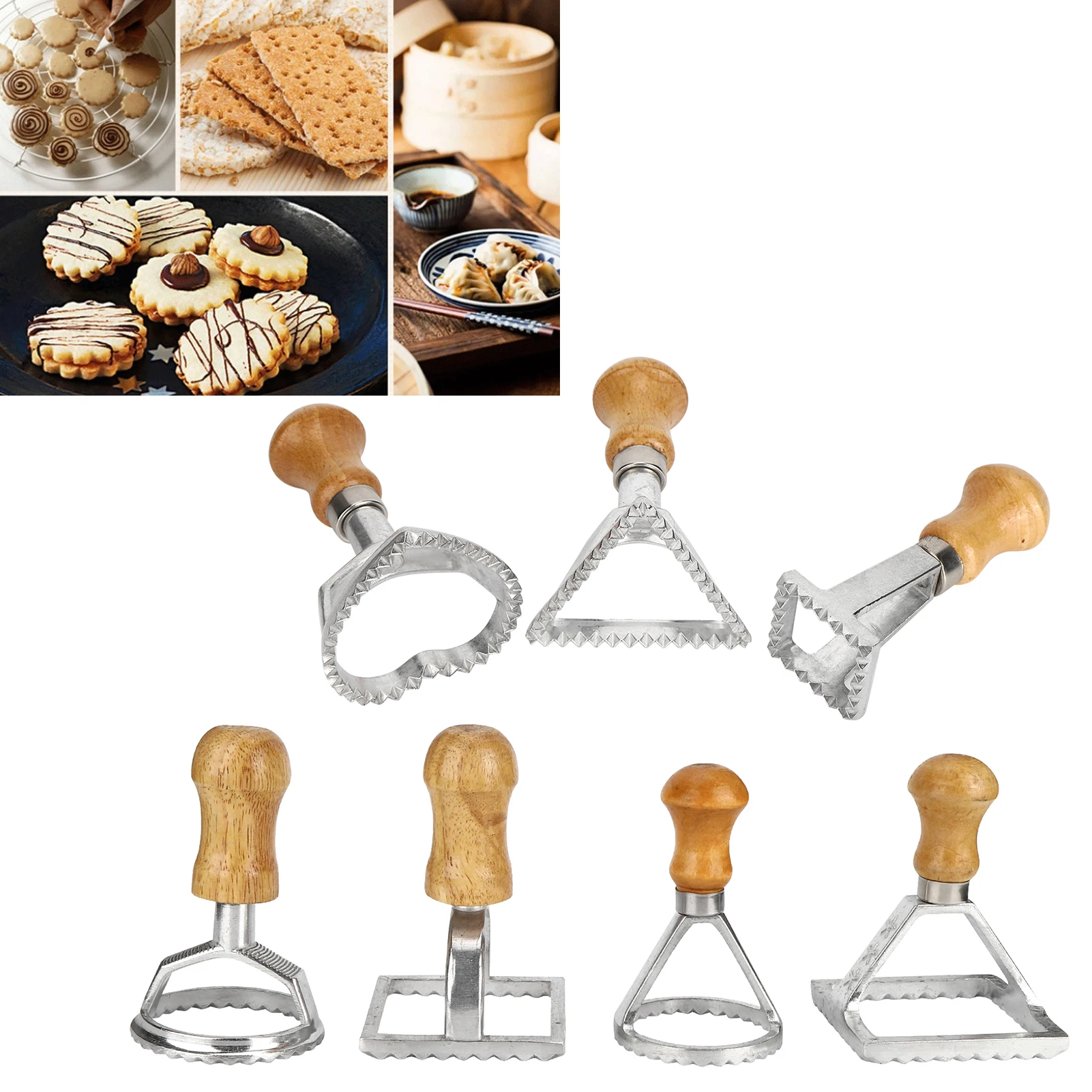 Knoedelmaker, Banketpersmaker, Knoedelvormpenset-7-delig Aluminium Koekjessnijder Met Houten Handvat Voor Diy Bakplezier