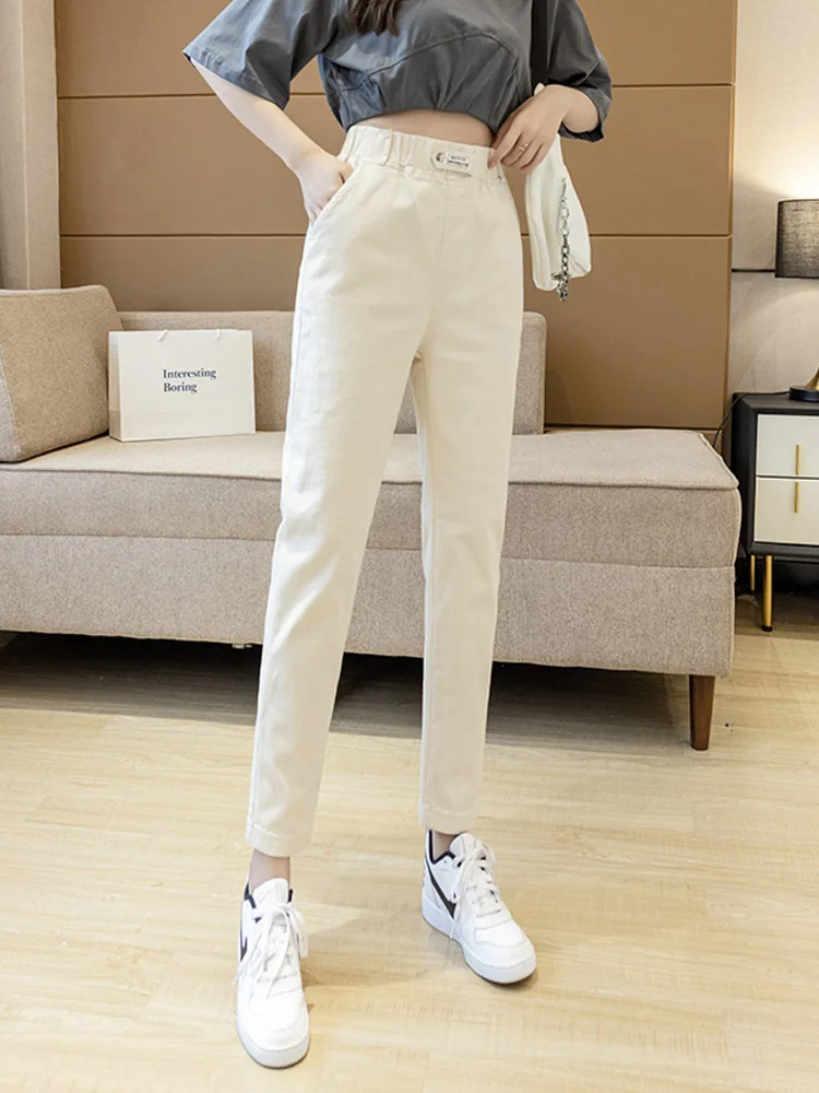 Jeans a gamba dritta da donna Vita elastica Casual Estate 2024 Nuovi pantaloni versatili dimagranti a nove punte Pantaloni casual con risvolto