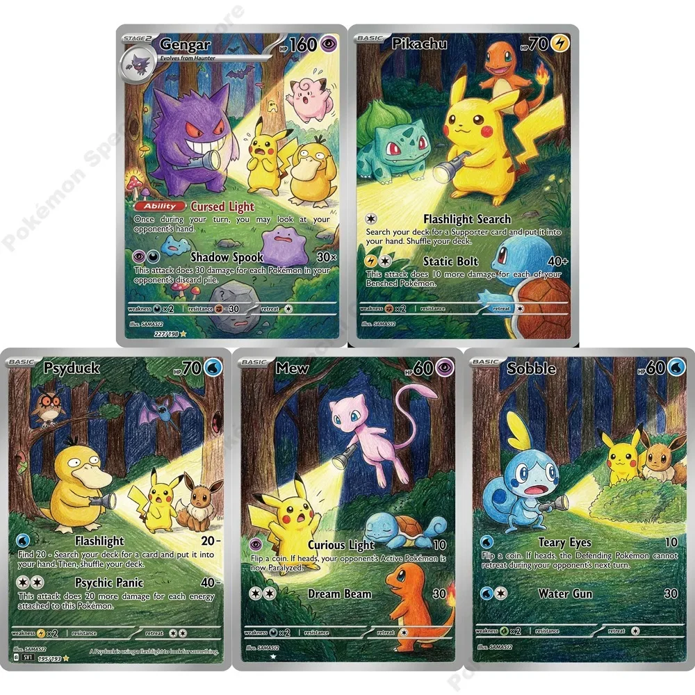 5Pcs PTCG Cards Gengar Psyduck Mew Sobble Shine A Flashlight Series PTCG Collection Cards Rare Holo Cards PTCG Gift