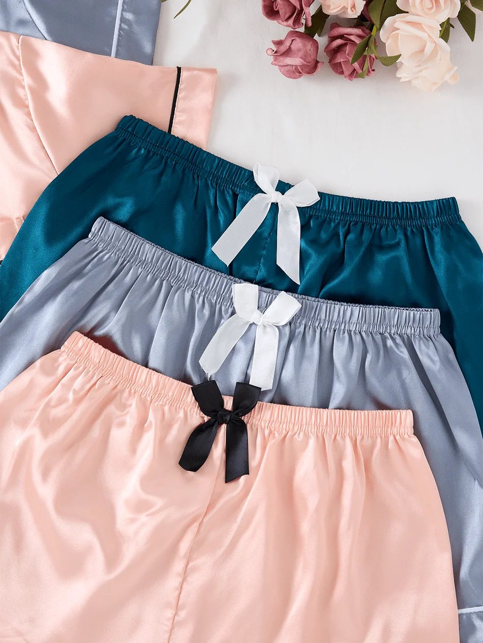 

6pcs Satin Pajama Set For Women Lapel Collar Button Front Short Sleeve Shirt And Shorts Soft Comfortable Loungewear