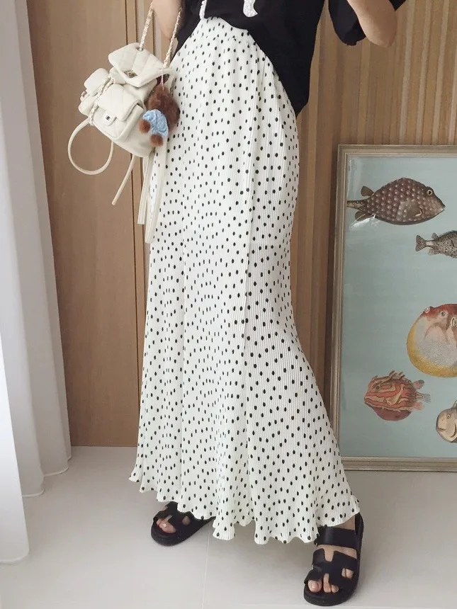 Vintage High Waist Polka Dot Halter Skirt Women's Summer New Style Color Block Bodycon Fish Tail Long Skirt Age Reduction
