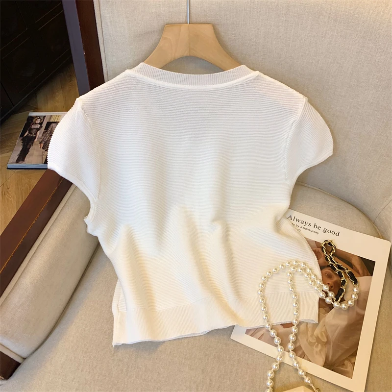 سترة محبوكة صيفية لعام 2025 تي شيرت نسائي بأكمام قصيرة ورقبة دائرية ملابس تريكو متينة أنيقة وأنيقة للسيدات #4