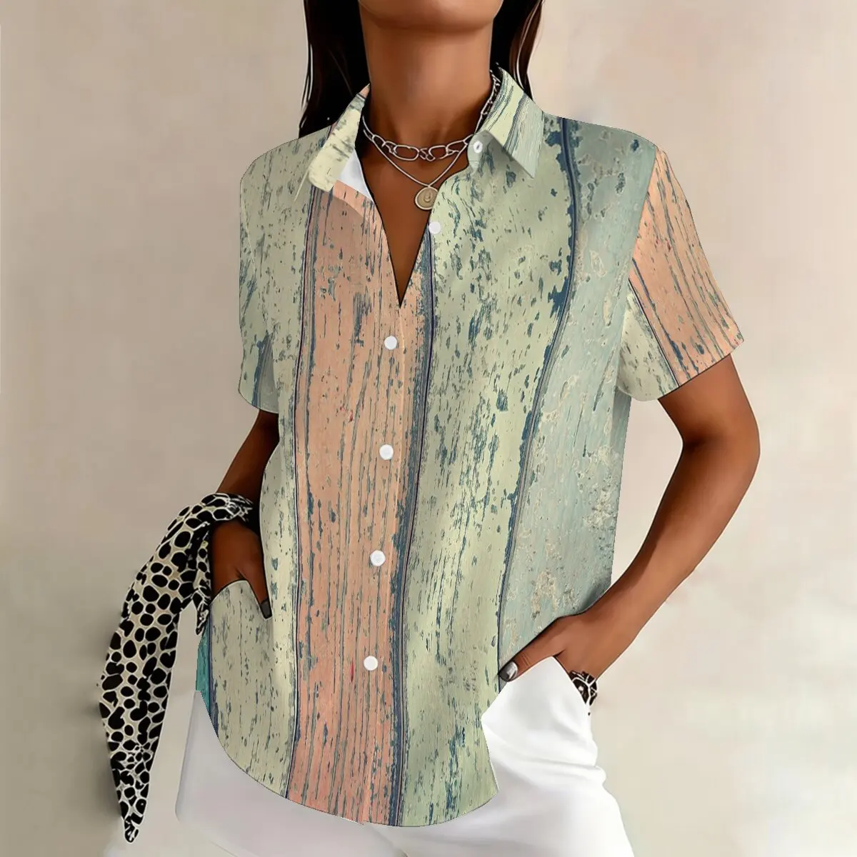 

Trendy plus-size women's short-sleeve shirt, vintage distressed stripes, artistic and fashionable, suitable for entertainment