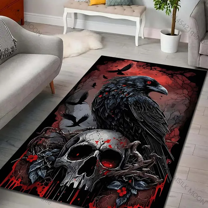 Multiple sizes Black raven red background Print Carpet Rug for Living Room Bedroom Sofa Doormat Home Decor Non-slip Floor Mat