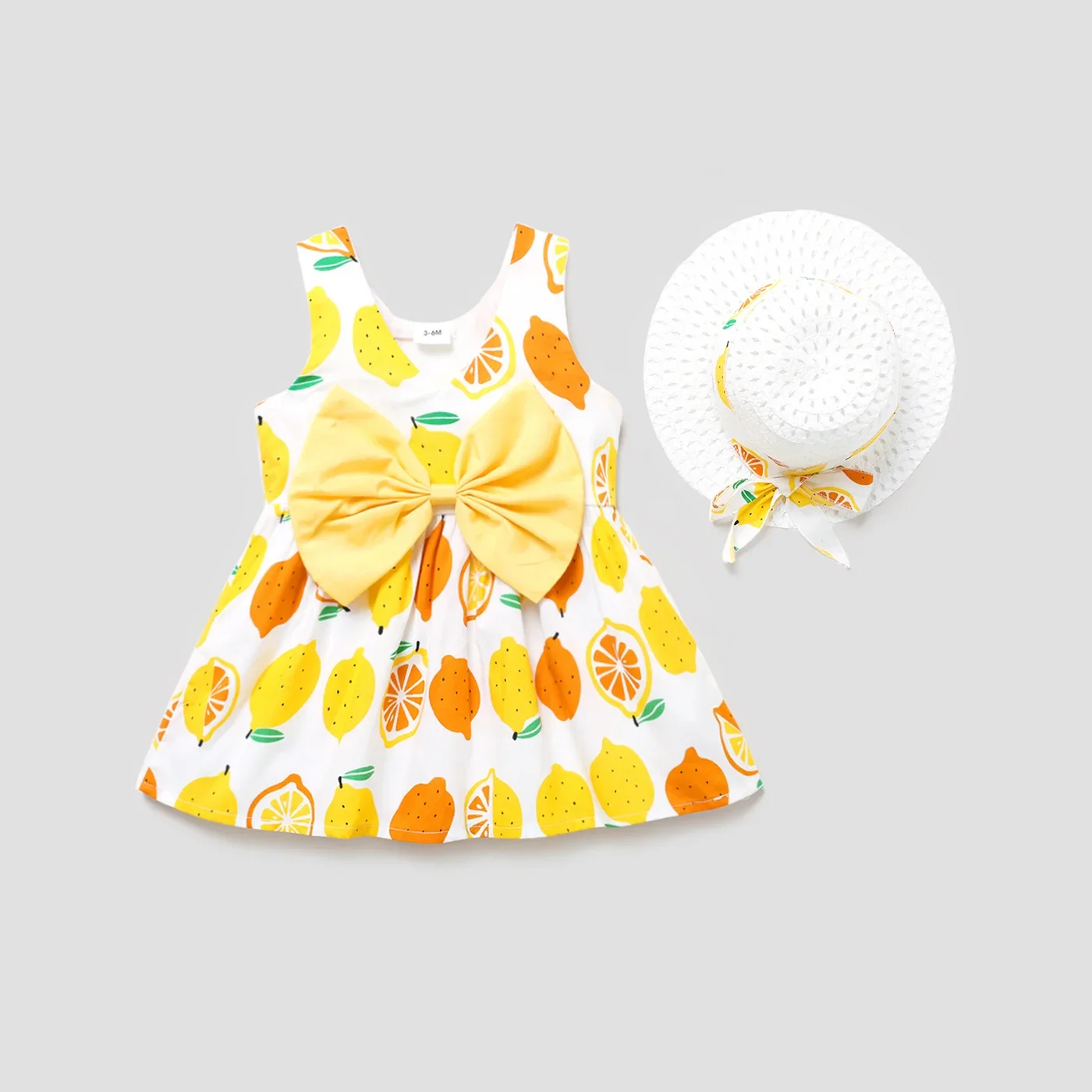 PatPat 100% Cotton 2pcs Baby Girl All Over Lemon Print V Neck Sleeveless Bowknot Dress with Hat Set Perfect for Outings