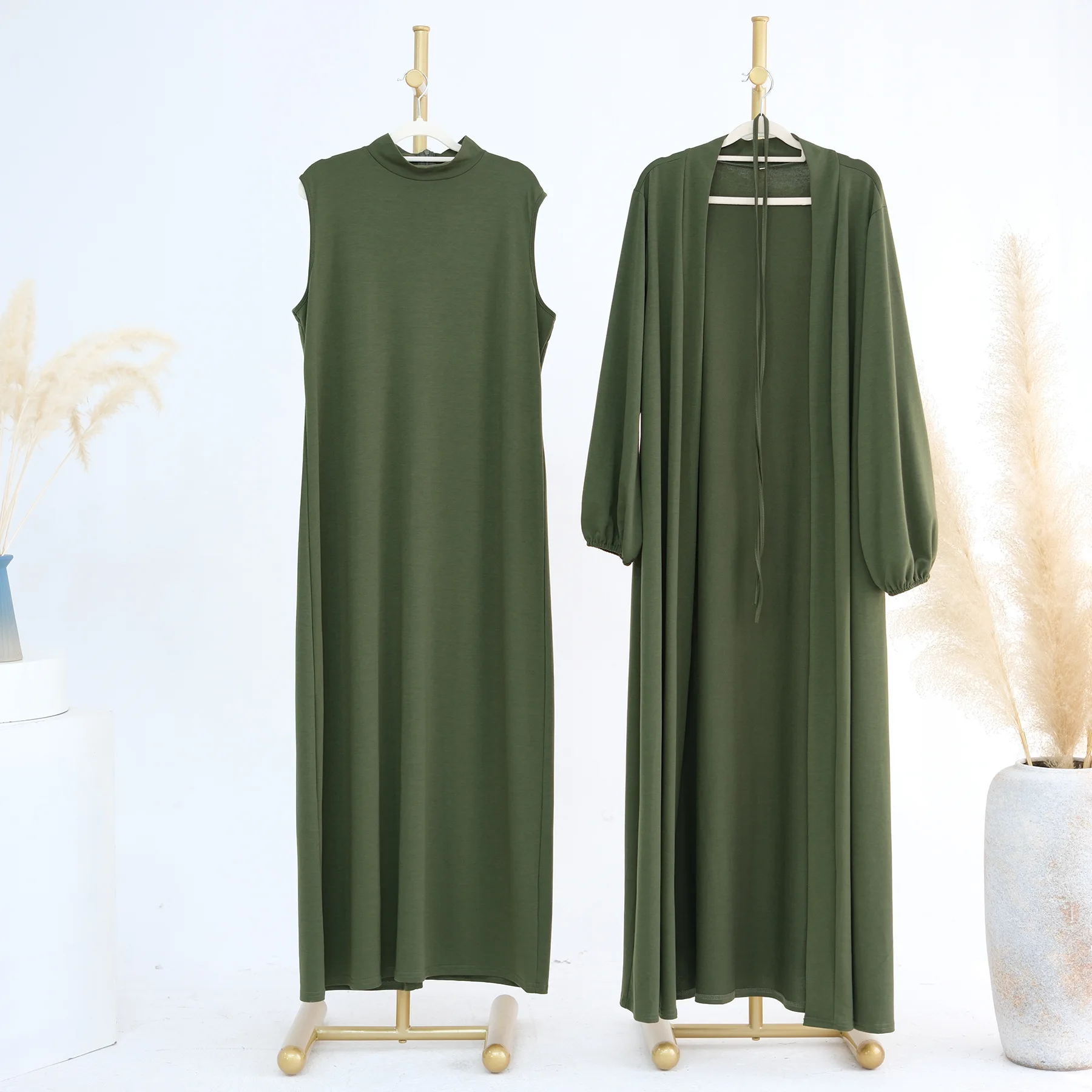 

UNI Modest Dress for Women Abaya Cardigan 2 Piece Set Long Robe Ramadan Dubai Abayas Kaftan Eid Muslim Vestidos Jalabiya Dresses