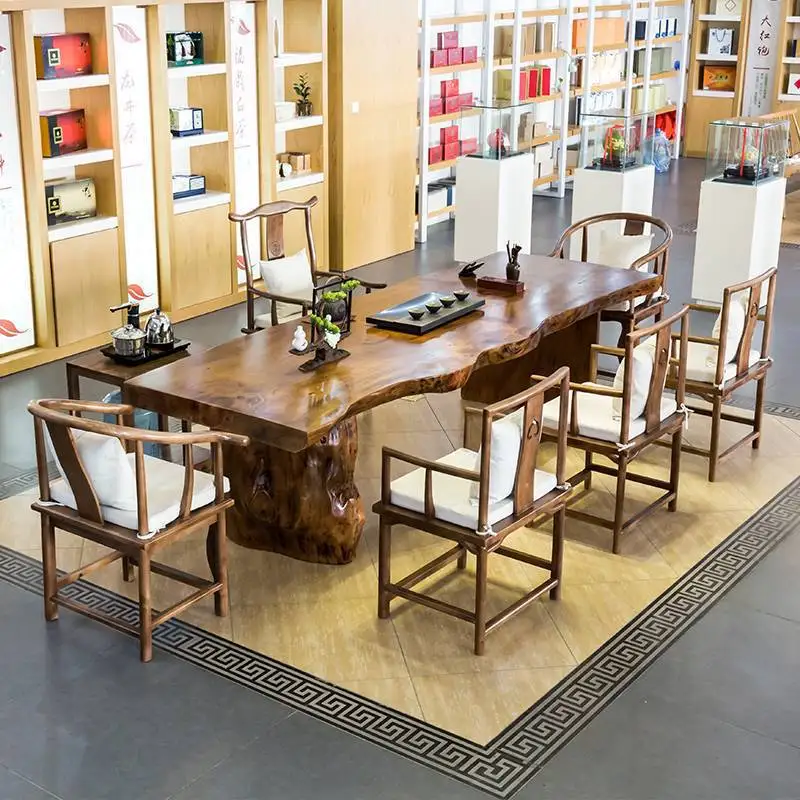 Large board tea table and chair combination, solid wood one table and five chairs, new Chinese Kung Fu tea table office tea
