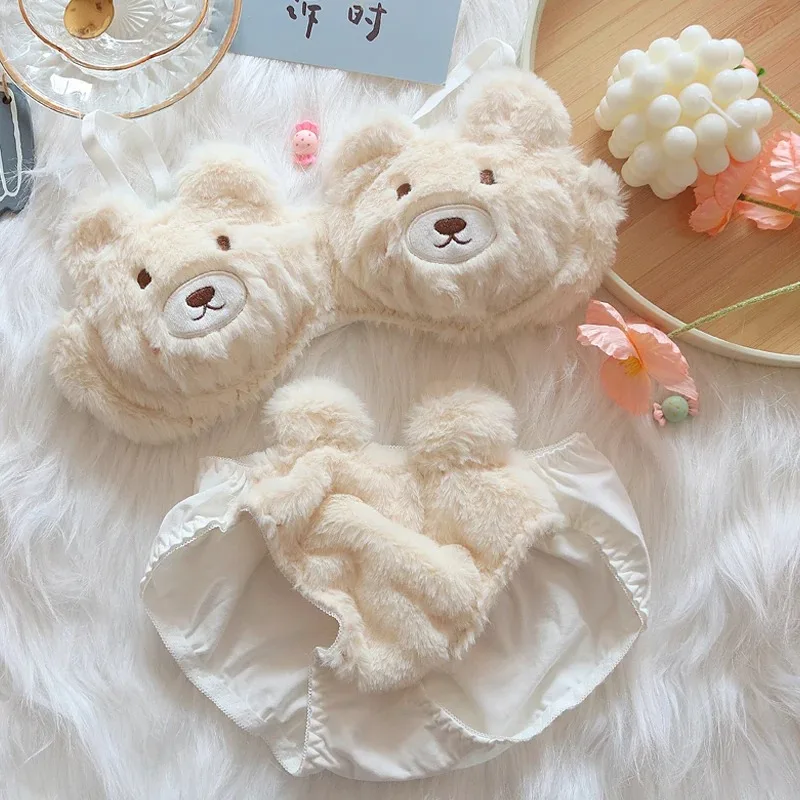 Cartoon Plush Underwear for Women Bear Print Comfortable Cute Lingerie Set  Style Girls Bra And Panty Suit for Autumn Winter