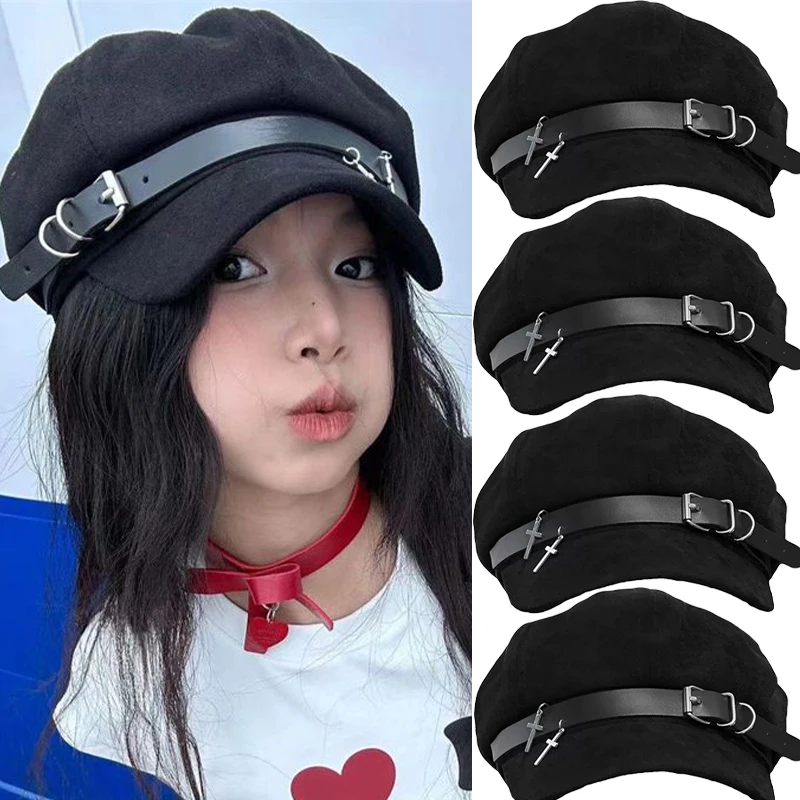 

Y2K Custom Make Customized Women Harajuku Gothic Beret Hat Cap Girl Punk Lolita Cross Pendant Star Rock Caps Decorative Sun Hats
