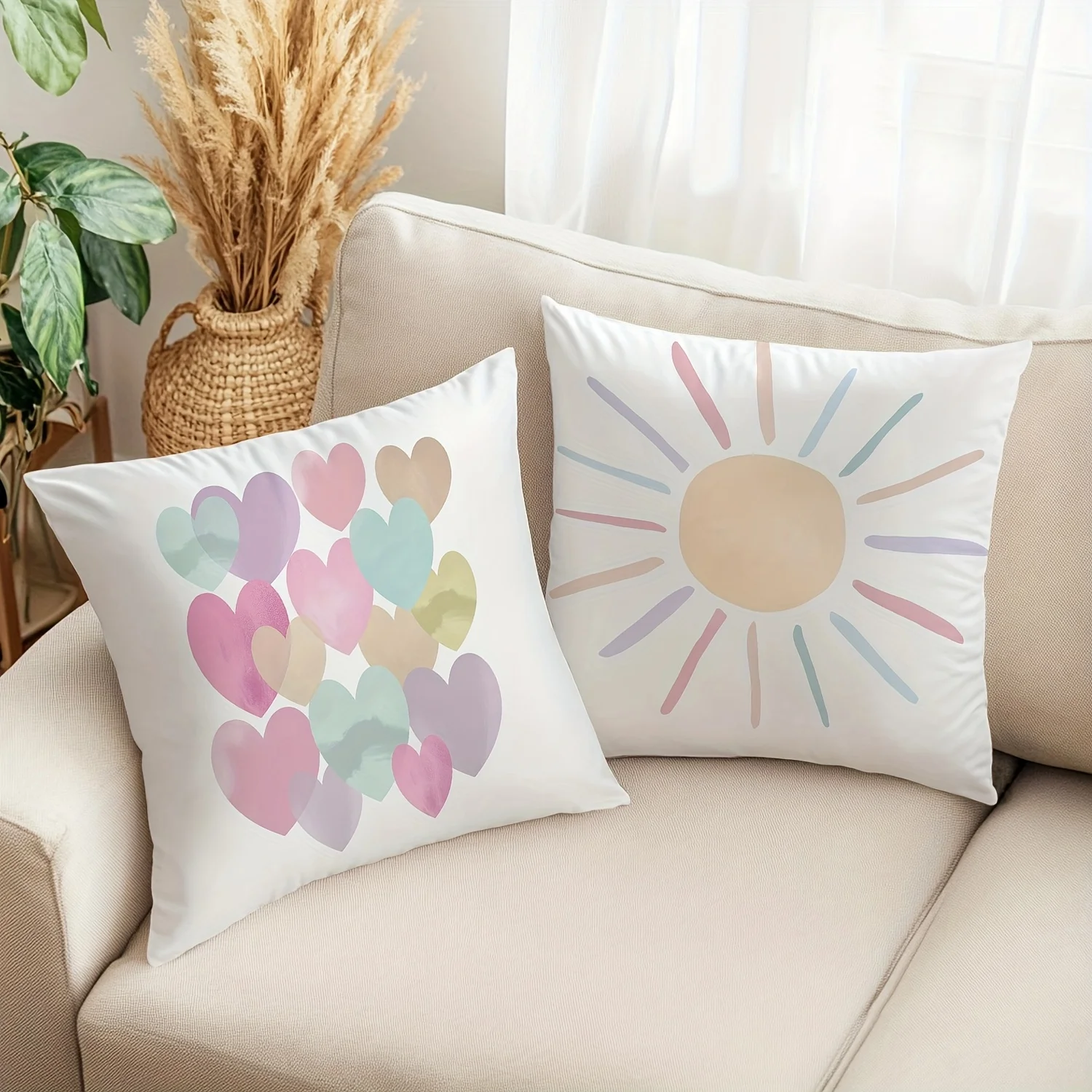 1PC Vintage Rainbow Sun & Heart Pillow Cover, Colorful Weather Theme for Home Decor, Pillow Insert Not Included