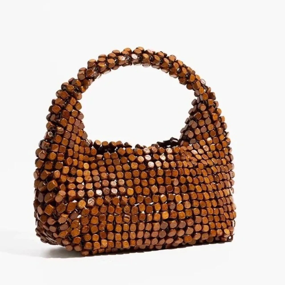 

Handmade Woven Purses For Women Exquisite Design Hollow-out Wooden Bead Small Handbag
