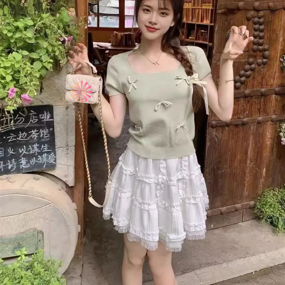 

Футболка женская с бантом, милый топ с квадратным вырезом и коротким рукавом, подчеркивающий индивидуальность, лето