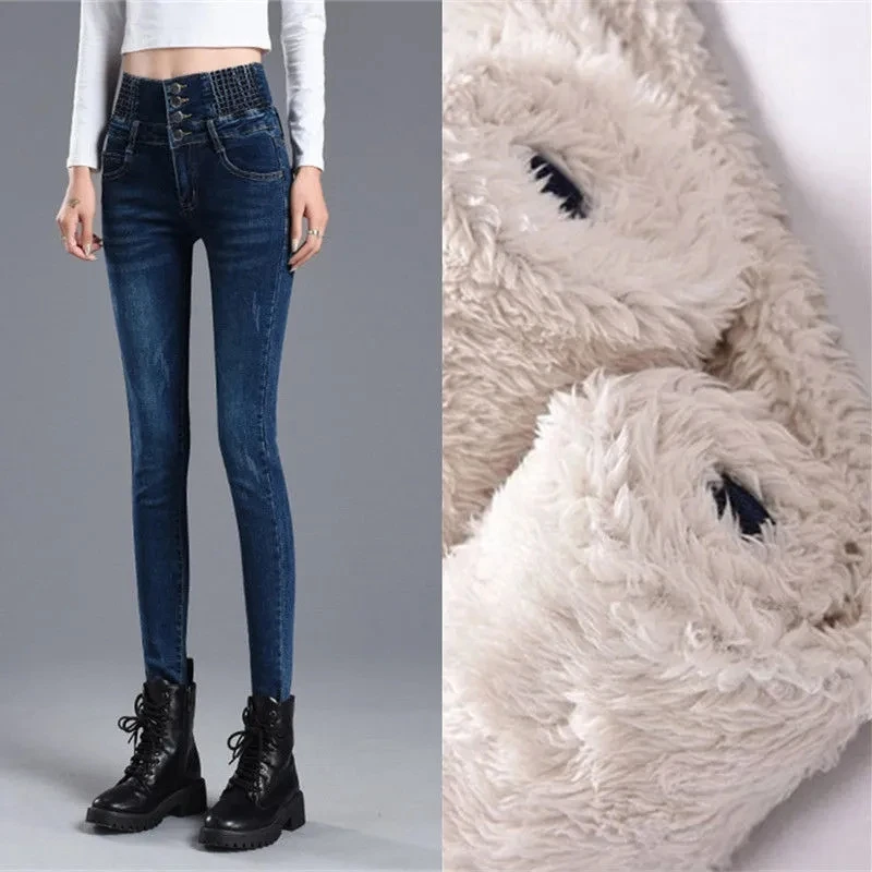 Thicken Winter Lambwool Slim Jeans Women\'s Warm Oversized 34 Fleece Lined Skinny Pencil Denim Pants High Waist Stretch Trousers