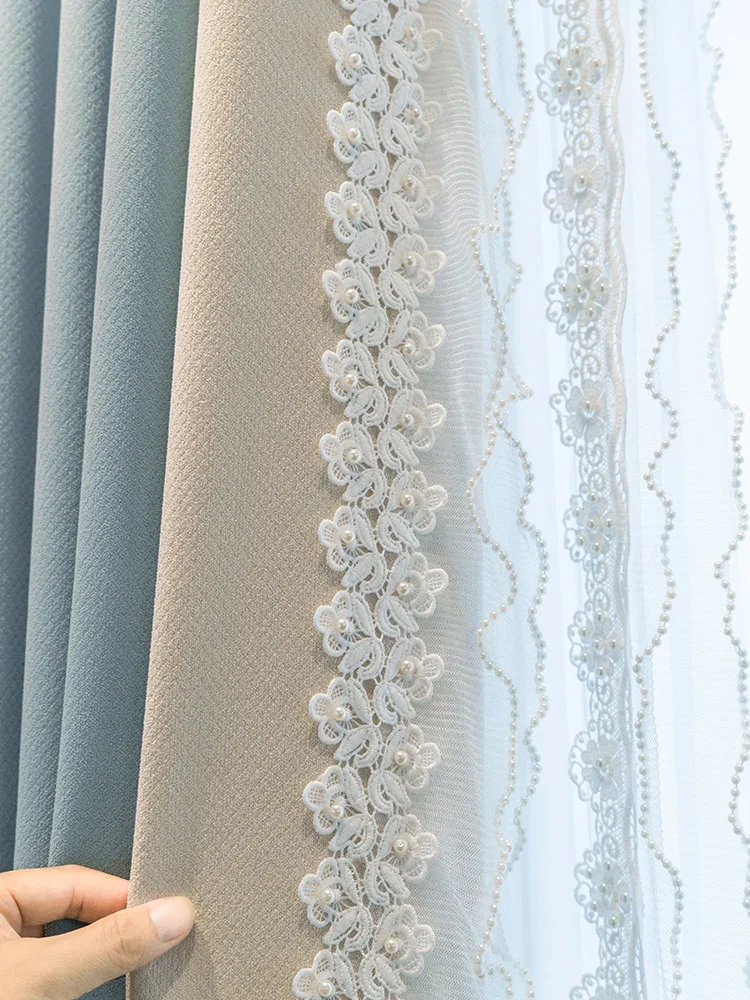 

Customized Princess Style Pearl Lace Blue Jacquard Patched Curtains For Living Room Bedroom French Window Bay Window Finished