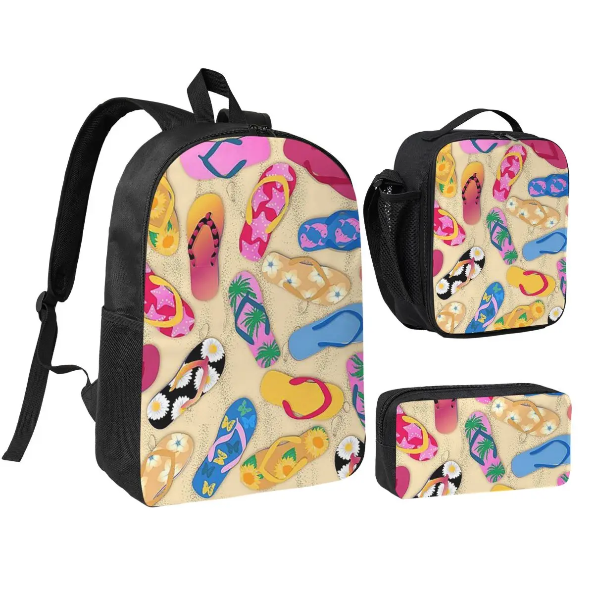 Watercolor Design Flip Flops Beach Backpack Student BookBag School Bag Shoulder Bags 3ps Insulated Lunch Bag Pencil Case