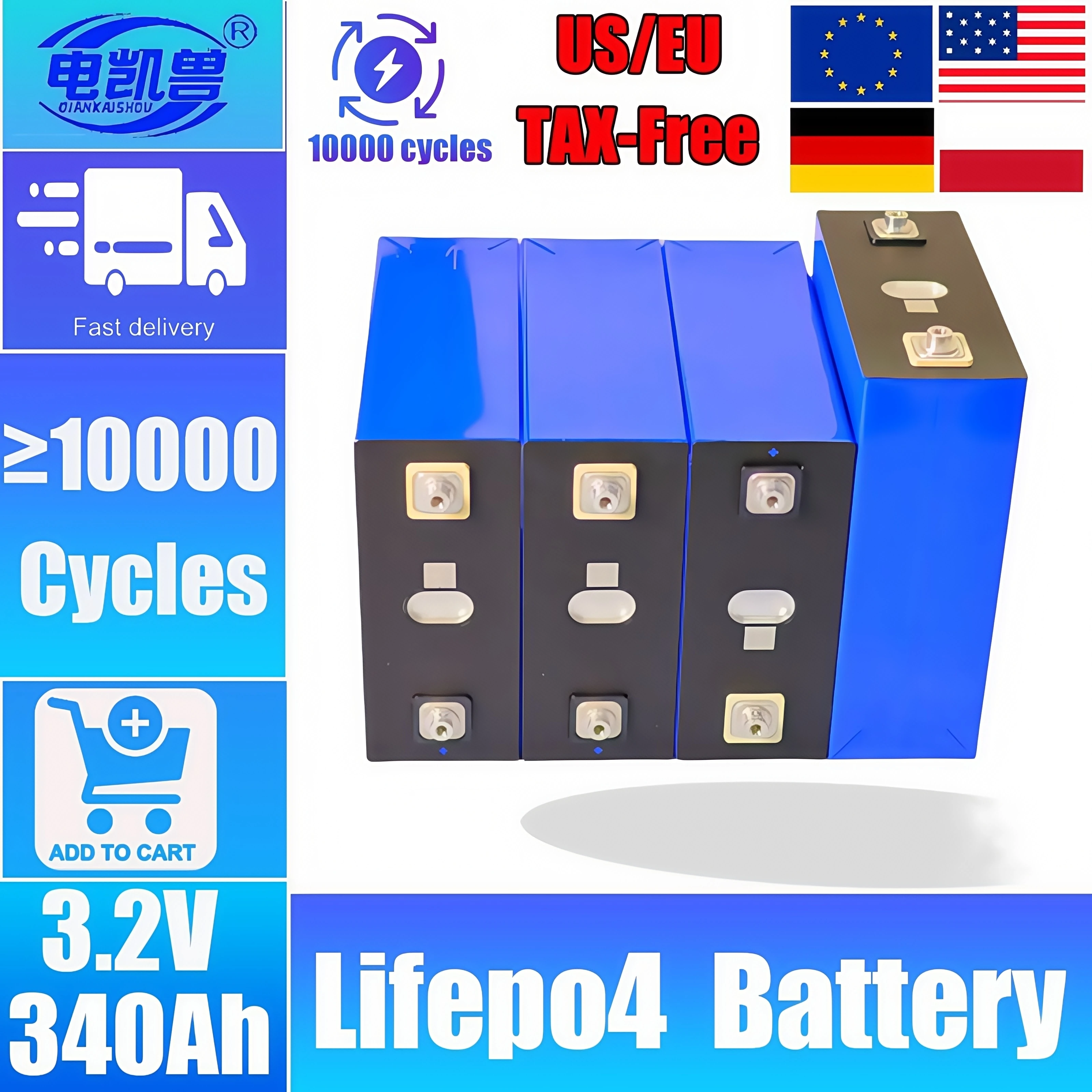 

3.2V 340Ah 320Ah LiFePO4 Rechargeable Battery for DIY Golf RV Electric Vehicle Solar System 10000 Cycles 12V 24V 48V Long Life