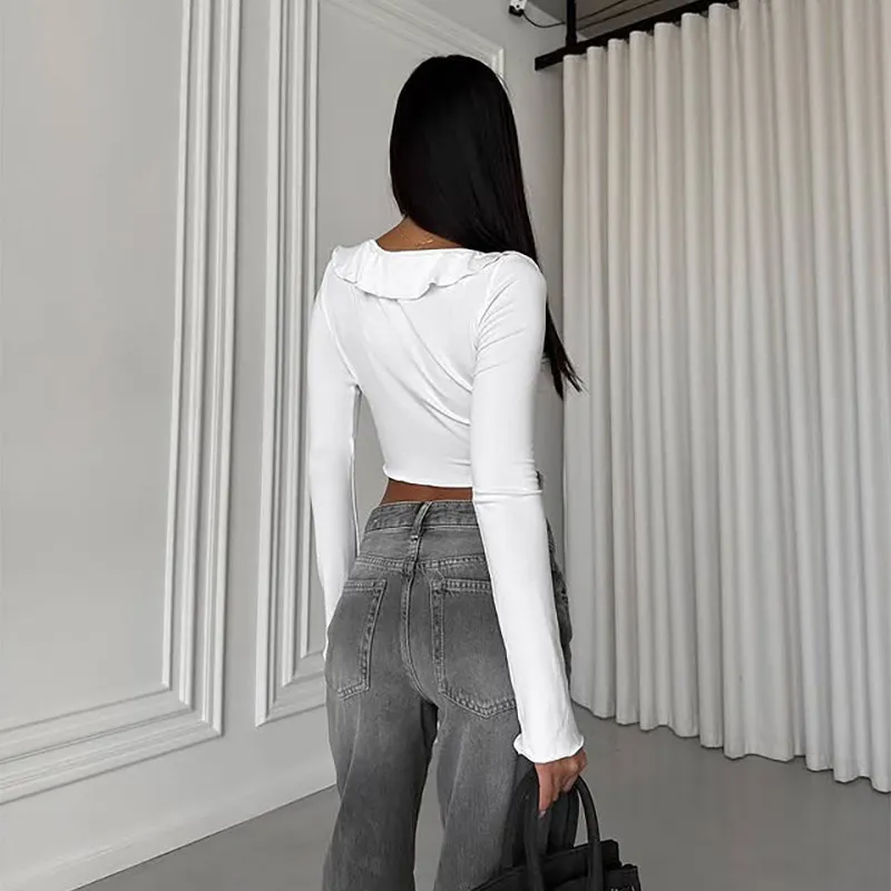 New European and American Style Ruffled V-Neck Tie-Up Top Solid Color Long Sleeve Black and White Fashion Design with a Sexy Tou