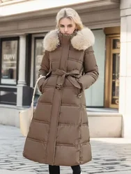 Abrigo largo de plumón de algodón para mujer, chaqueta de piel gruesa, Parkas de moda para mujer, abrigo suelto con cremallera sólido cálido, negro y blanco, 2024