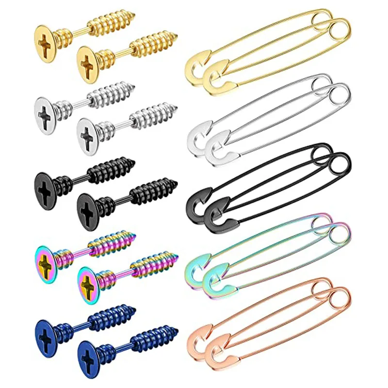 10 Pairs of Stainless Steel Unisex Stud Earrings Punk Gothic Hip Hop Style Phillips Screw Pin Hoop Earring Set