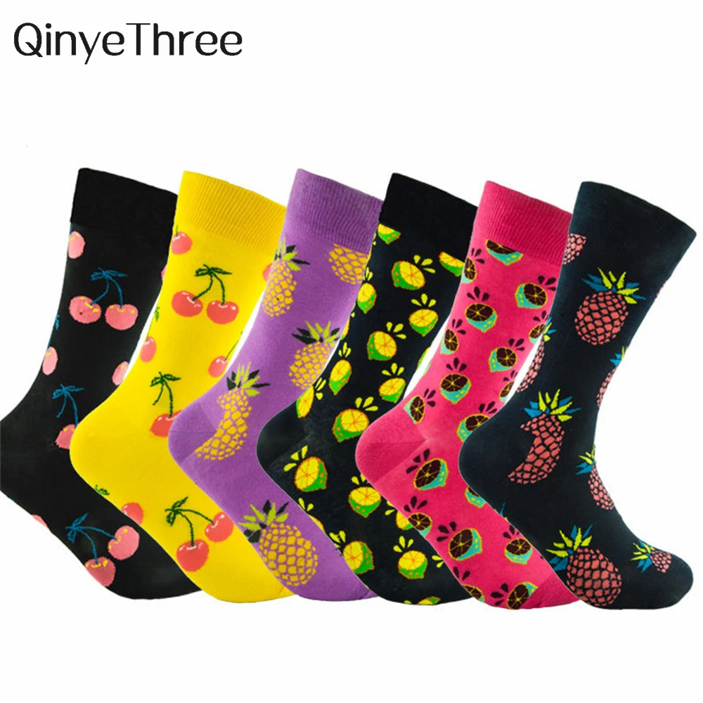 Happy Cherry Lemon Pineapple Strawberry Unisex Fruit Cotton Socks Skateboard Men Fashion Business Hipster Dropship