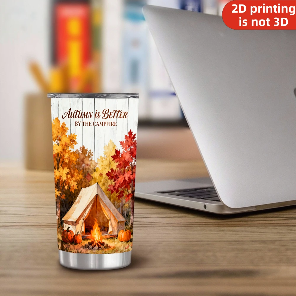20oz Autumn Is Better By The Campfire Tumbler with Lid and Straw, Fall Pumpkin Camping Graphic Stainless Steel Vacuum Insulated Travel Mug
