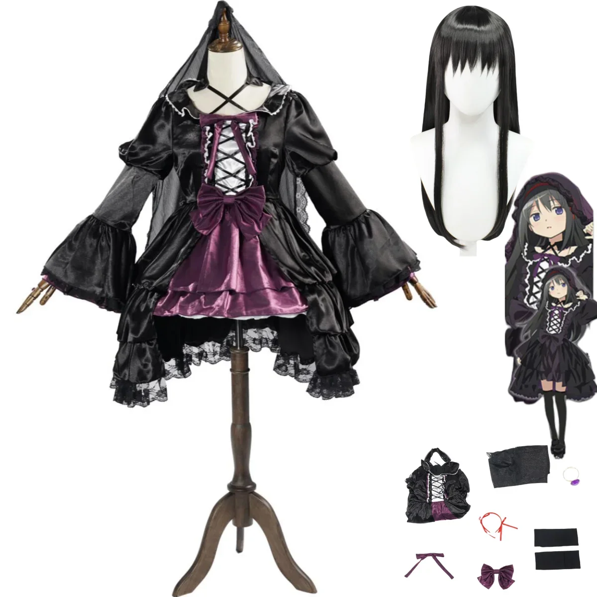 Anime Puella Magi Madoka Magica Akemi Homura Cosplay Costume Wig Evening Dress Princess Skirt Lolita Woman Sexy Halloween Suit