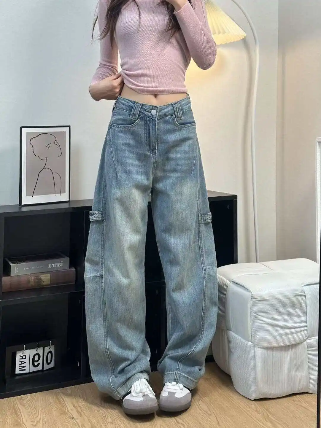 

Американские джинсы-харлан из бамбука для женщин, свободные, с широкими штанинами, с высокой талией, осенняя новинка