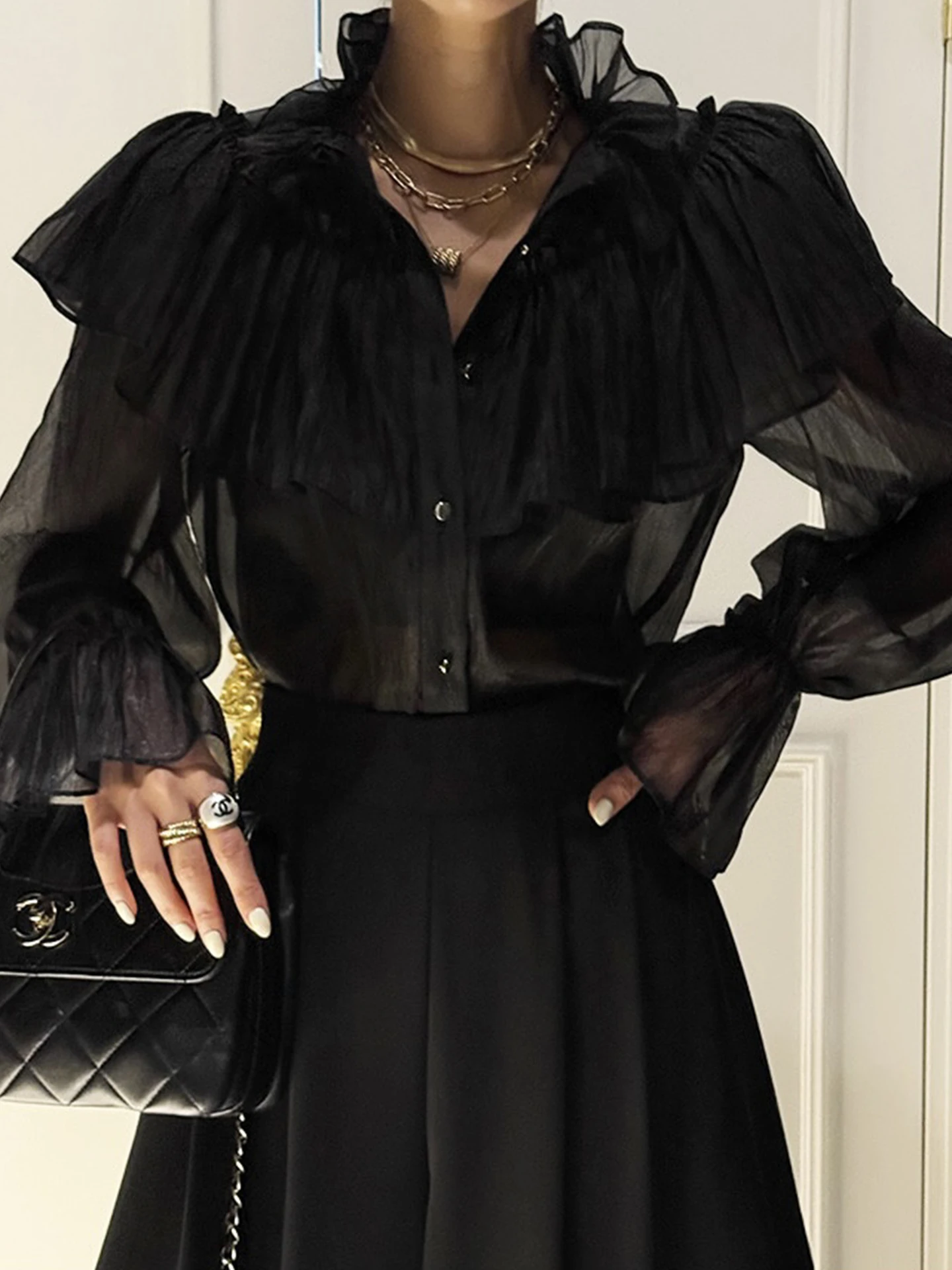 Retro Style Women's Shirt Beautiful Lace Trim Flared Sleeves See through Design Autumn Fashion High Quality Polyester Fiber