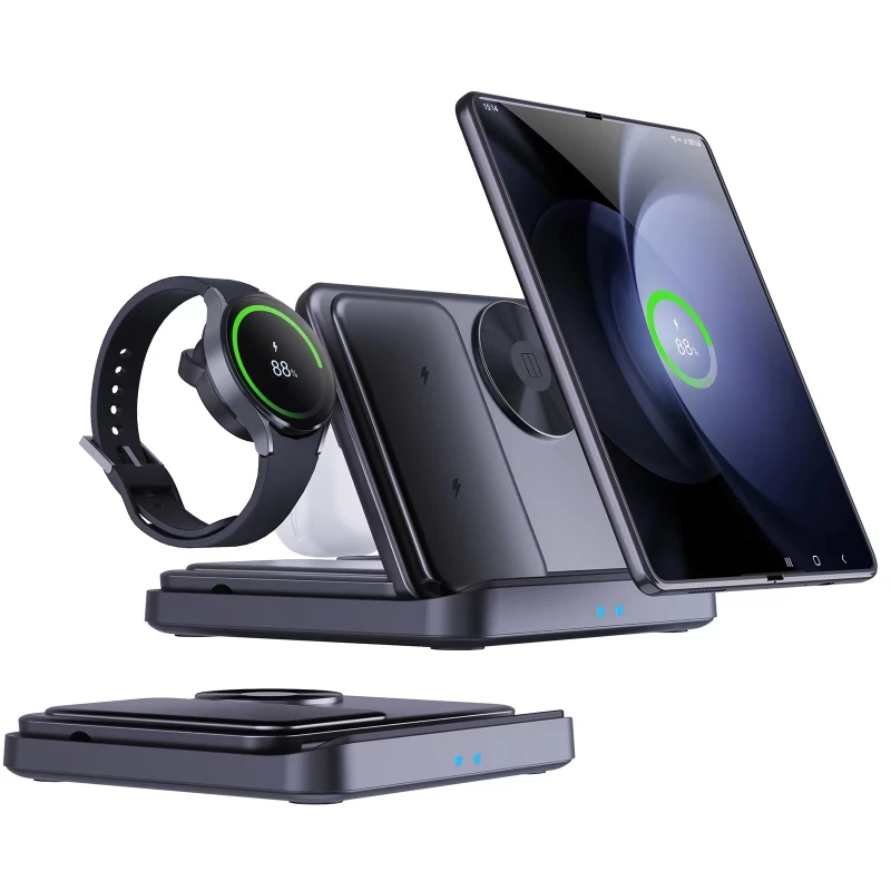 3-in-1-ポータブルデスクトップ充電器。折りたたみ式で、ワイヤレス急速充電が可能。折りたたみ式のスマートフォン、イヤホン、スマートウォッチに対応。
