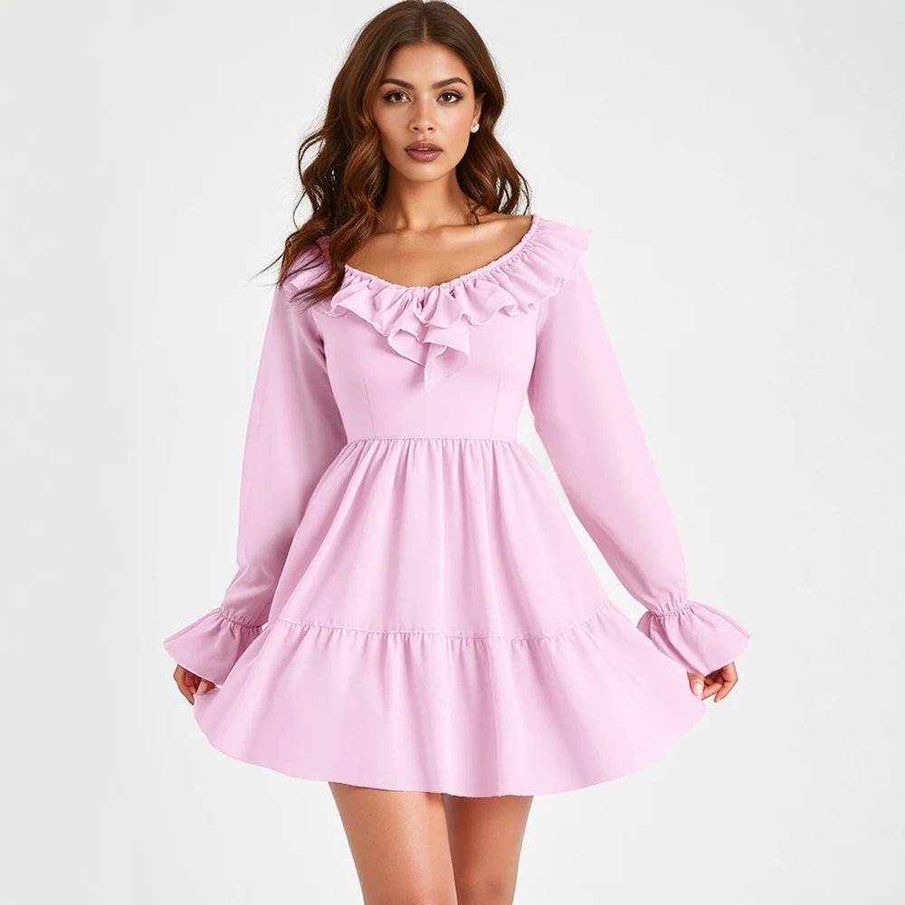 

Mia Muse Summer Dresses 2025 Romantic Casual Solid Color Flounce Long Sleeve Round Neck Mini Shift Dating Dresses For Women