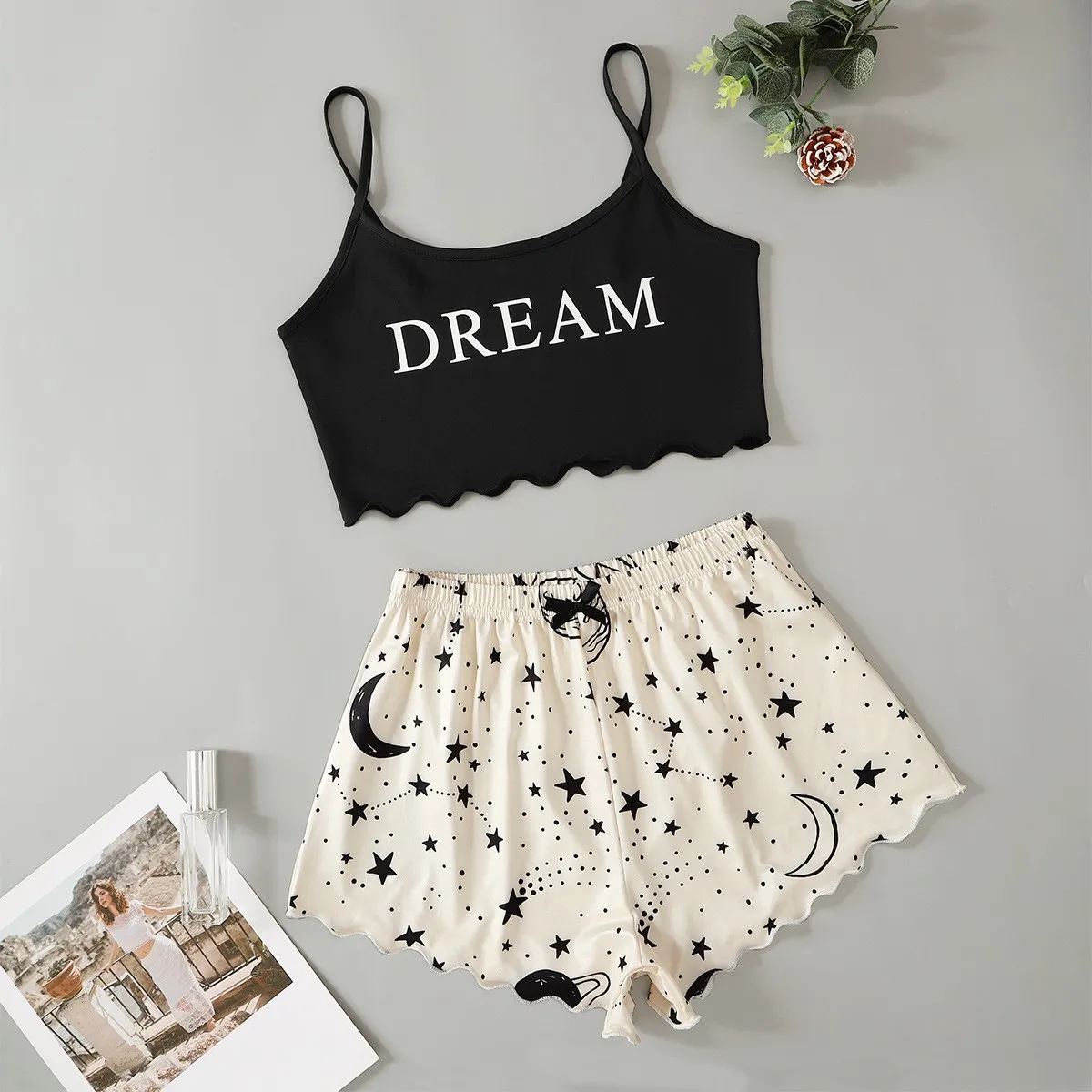 Letter Print Pajama Set Sleeveless Trim Pyjamas Sleep Shorts Set Suit Sleepwear Women Sexy Nightie