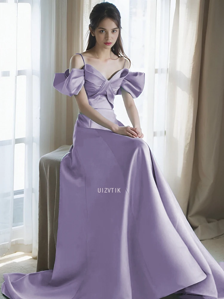 ラグジュアリーパープルイブニングパーティードレスオフショルダーフロア丈スリムフィットフォーマルオケージョンドレスエレガントシックウィメンズプロムガウン