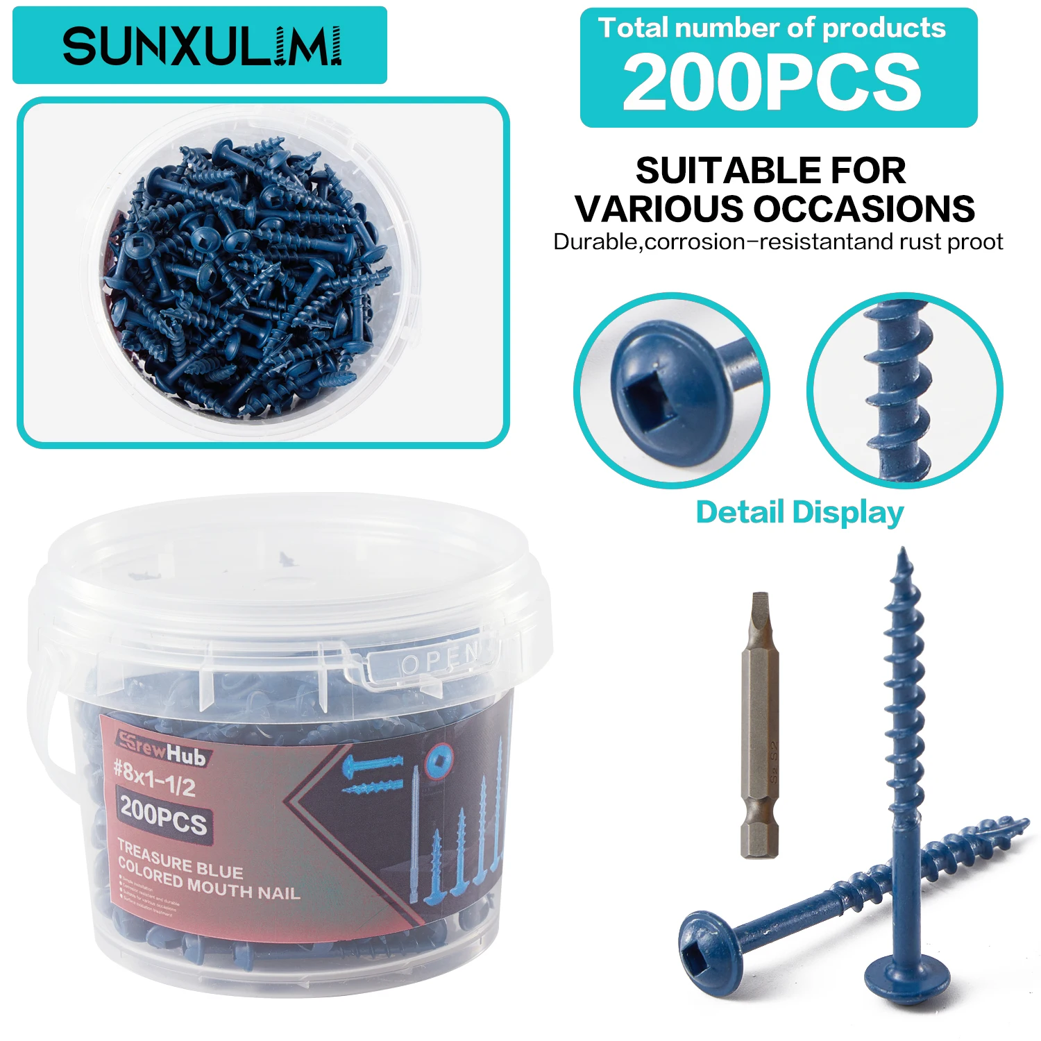 200/250/300-piece sets of #8 x 1-1/2, 8 x 1-1/4, and 8 x 1 external pocket hole screws, coarse thread, square drive, pan head, w