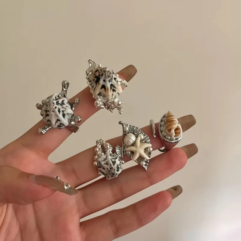 Trendy Summer Ocean Vacation Style Handmade Inlaid Pearl Shell Starfish Open Rings for Women Bohemian Versatile Jewelry Gifts
