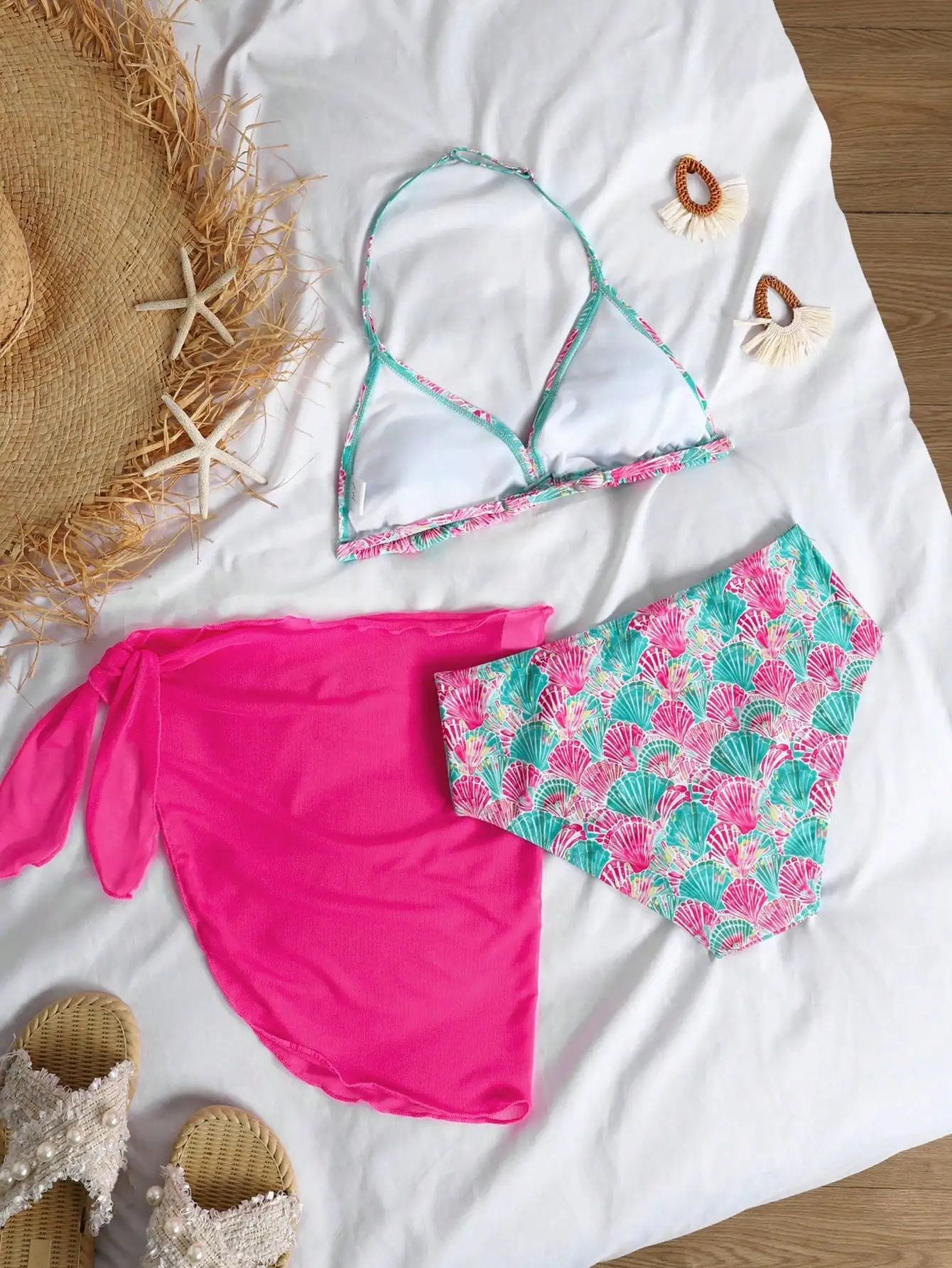 

Vibrant Pink Shell Pattern Three-Piece Swim Set With Tie-Front Cover-Up For Beach Holidays