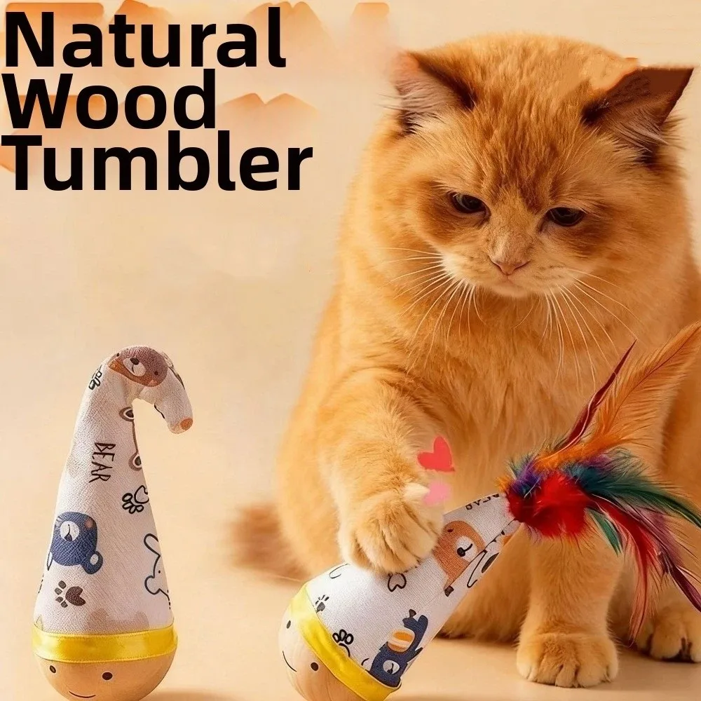 

Cartoon Pattern Cat Tumbler Wobbler Toys Wear-Resistant with Feather Kitten Wobble Ball Bite-Resistant Cat Interactive Toys
